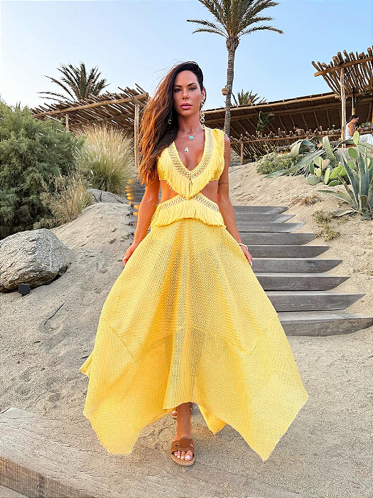 Vestido Anastacia butter – longo telado vazado com franjas