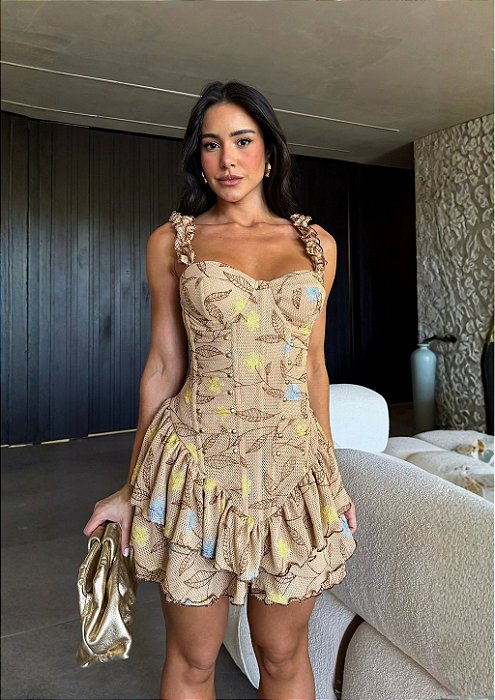 Vestido Macaquinho Grace Texturizado Nude com Bordados Florais