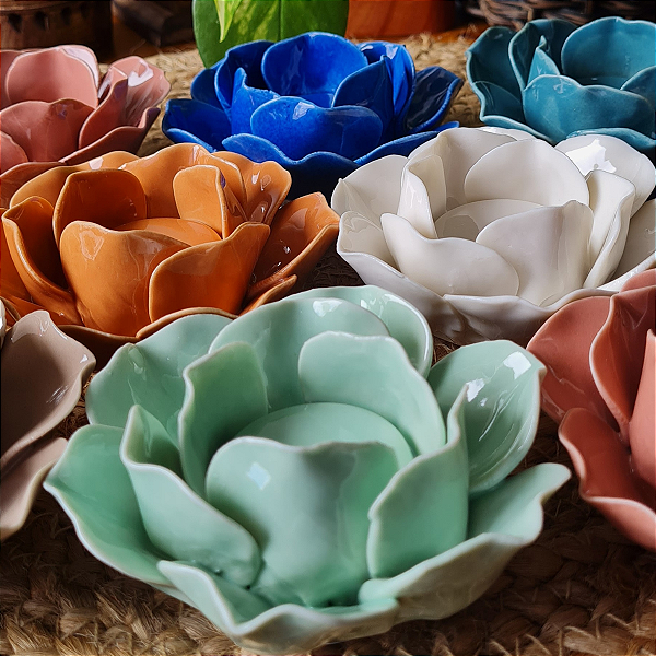 Porta Vela Flor de Lotus Porcelana