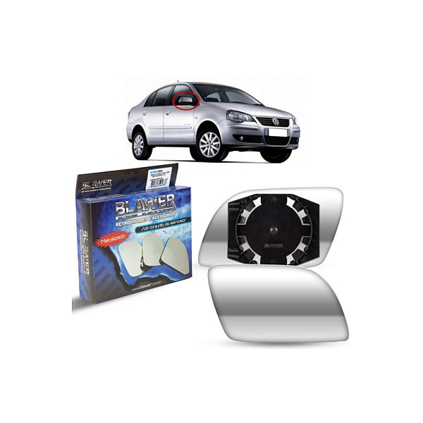 Lente do Retrovisor com Base Metalizado Plano lado Direito Polo 2003 a 2009