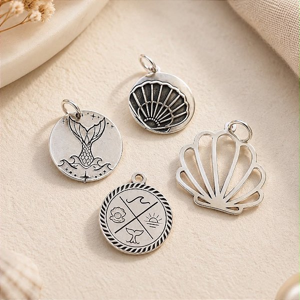 Pingente Medalha Onda, Concha, Sol Rabo de Sereia Prata 925