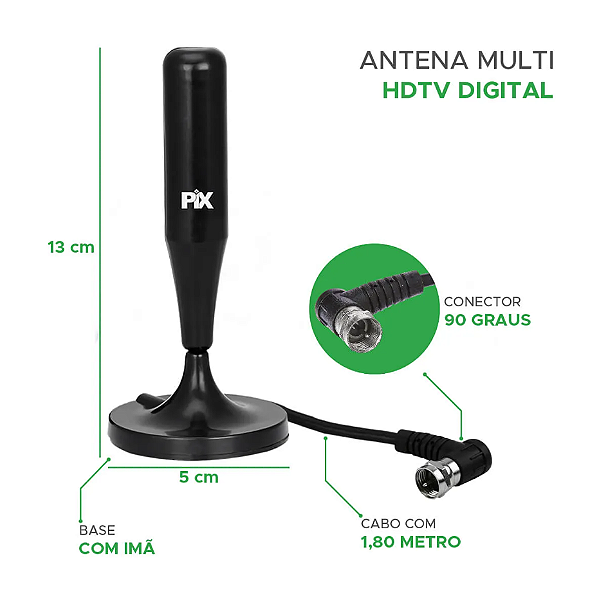 Antena Interna e Externa HDTV Base Com Imã Digital - Plug 90 Graus 1,8 metros