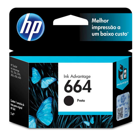 Cartucho de Tinta HP 664 Preto Original - F6V29AB - 120 páginas para 2136, 2676, 3776, 5076, 5276 - F6V29AB