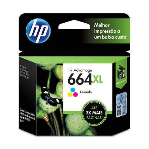 Cartucho de Tinta HP 664XL Colorido Original - F6V30AB - 330 páginas para 1115, 2134, 2136, 2676, 3686, 3776, 3788, 3790, 3836, 4536, 4676, 5076, 5276 - F6V30AB