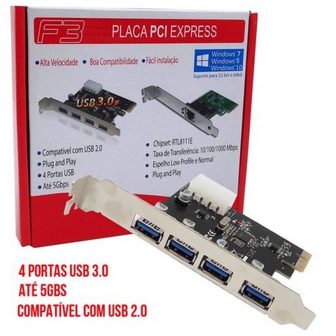 Placa PCI-E 4 Portas USB 3.0 F3 -50 - 50