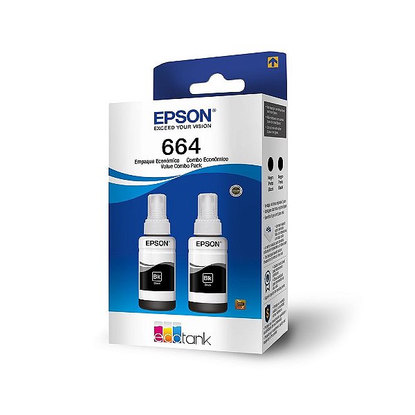 Tinta para Cartucho Epson Preto Original - T664120 Kit com 2 Refis - 8.000 páginas para L220, L365, L375, L380, L395, L555, L565, L575, L110, L1300 - T544120 KIT 2