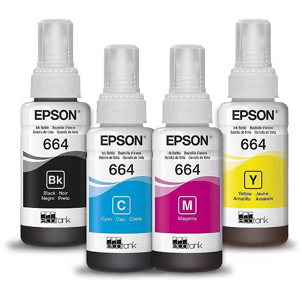 Tinta para Cartucho Epson Original - T664 Kit 4 Cores - 6.500 páginas para L110, L120, L200, L210, L220, L355, L365, L455, L555, L565, L375 - T664 PRETO + COLORS