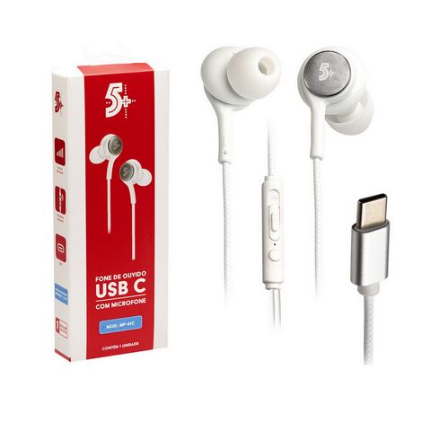 Fone de Ouvido Auricular com Microfone com Plug USB-C Branco 5+ - 043-0041 - 043-0041