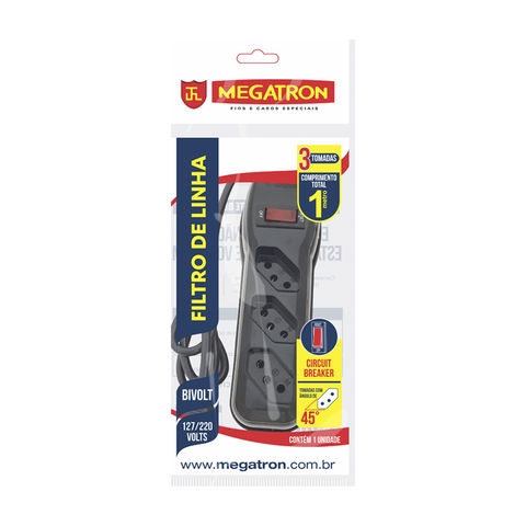 Filtro de Linha Megatron com 3 Tomadas 10A 3 Pinos Bivolt 1 Metro Preto - 49 - Circuit Breaker - 49