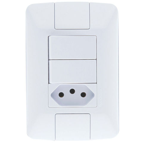 Interruptor 2 Simples 6A Tramontina Aria 57241/073 com 1 Tomada 10A + Espelho 4x2 Branco - 57241/073