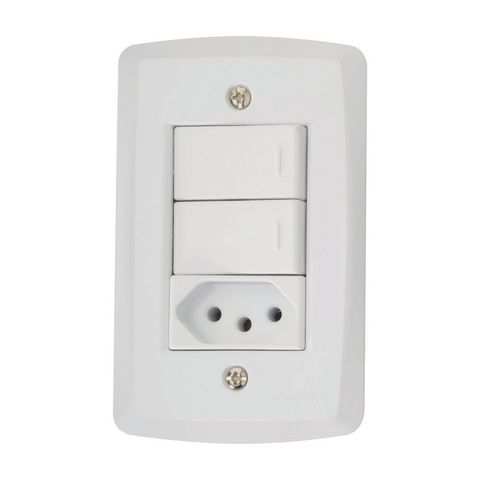 Interruptor 2 Simples 10A Tramontina Lux2 57145/073 com Tomada + Espelho 4x2 Branco - 57145/073