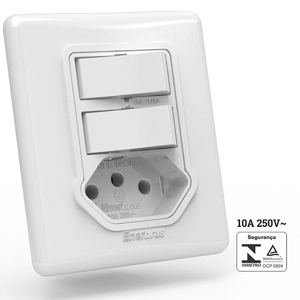 Interruptor 2 Simples 10A Enerbras 328-ESN com Tomada + Espelho 2x2 - 328-ESN - VENDIDO UNITÁRIO