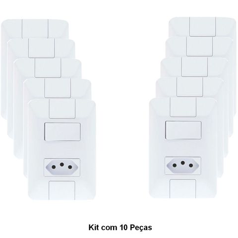 Kit com 10 Peças Interruptor 1 Simples 6A Tramontina Aria 57241/064 com 1 Tomada 10A + Espelho 4x2 Branco - 57241/064 KIT C/ 10 PEÇAS