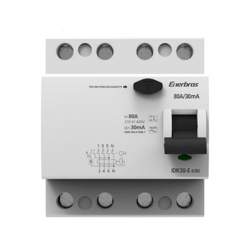 Interruptor Diferencial DR Tetrapolar 80A 30mA Enerbras - IDR30-E4/80 - IDR30-E4/80