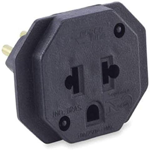 Adaptador Tomada Force Line 2 Pinos Fêmea Chato + Terra - 3 Pinos Macho Redondo 10A Preto - 4312 - 4312