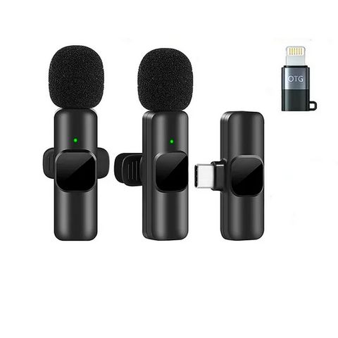 Microfone de Lapela Duplo sem Fio para Smartphone Type-C com Adaptador Lightning Preto - K9 - TC-F5 - TC-F5