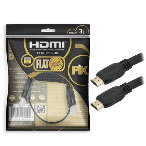 Cabo HDMI Macho x Macho 2.0 4K HDR 19 Pinos Flat 3,0 Metros PIX - 018-5023 - 018-5023