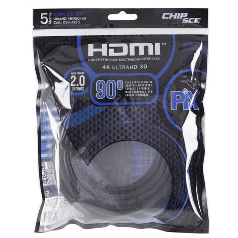 Cabo HDMI Macho x Macho 2.0 4K 19 Pinos 90 Graus 5,0 Metros PIX - 018-3325 - 018-3325