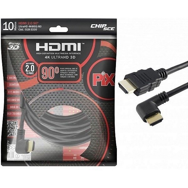 Cabo HDMI Macho x Macho 2.0 4K 19 Pinos 90 Graus Ultra HD 10,0 Metros PIX - 018-3330 - 018-3330