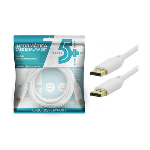 Cabo Displayport Macho 3 Metros Branco 5+ - 018-7494 - 018-7494