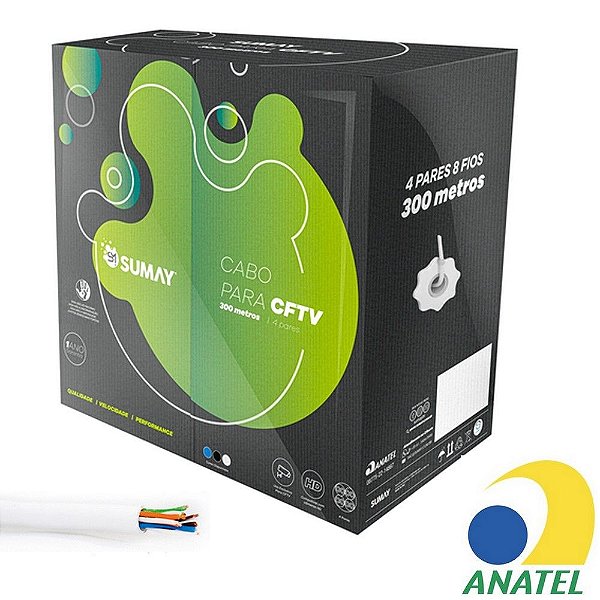 Cabo CFTV 24AWG Sumay 4 Pares Branco SM-CFTV 5156 - Caixa com 300 Metros - Homologado Anatel - SM-CFTV 5156