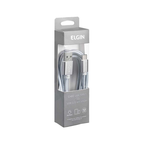 Cabo USB A-Macho - Type-C 1,5 Metros 2.0A Nylon Cinza Elgin - 46RCTCNYCDS - 46RCTCNYCDS