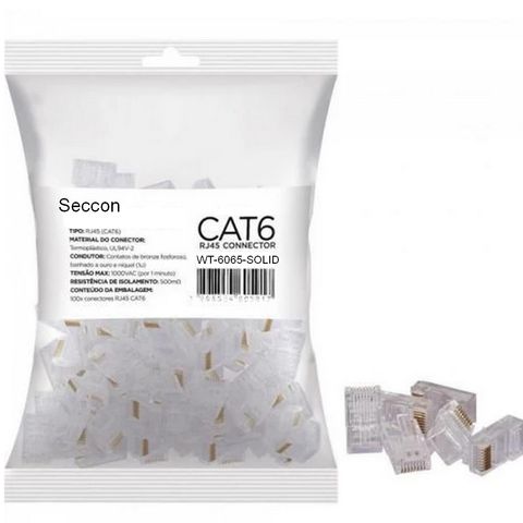 Conector RJ45 Seccon SecLan Macho 8x8 Cat.6 - WT-6065-SOLID - Pacote com 100 unidades - WT-6065-SOLID