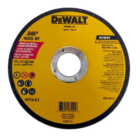 Disco de Corte para Esmerilhadeira HP 4.1/2" 115x1,2x22,23mm Dewalt - DW8062-AR - Vendido Unitário - DW8062-AR