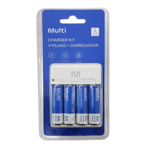 Carregador de Pilhas 4 Pilhas AA/AAA Bivolt Multilaser - CB054 - Vendido 1 Carregador + 4 Pilhas AA Recarregáveis - CB054