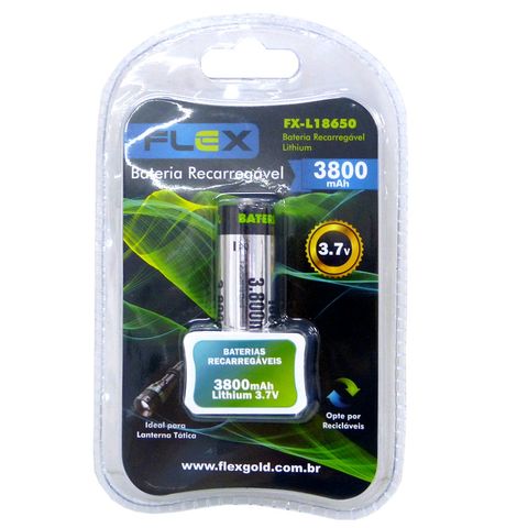 Bateria De Lítio 18650 3,7 Volts 3800mAh Recarregável Flex Unitário - FX-18650 - FX-18650