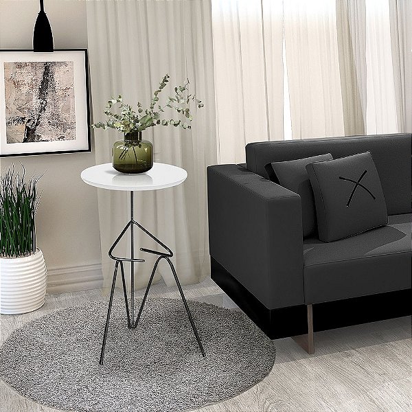 Mesa De Canto Lateral Mesinha Bambino Base Preto e Tampo Branco