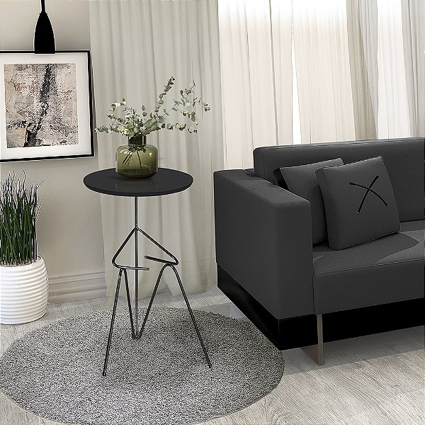 Mesa De Canto Lateral Mesinha Bambino Base Preto e Tampo Preto