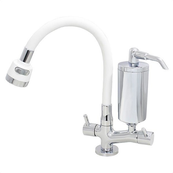 Torneira de Cozinha de Mesa Branco Com Filtro Blindado Cromado Cone Gourmet Bica de Inox Flexível