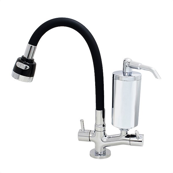 Torneira de Cozinha de Mesa Preto Com Filtro Blindado Cromado Cone Gourmet Bica de Inox Flexível