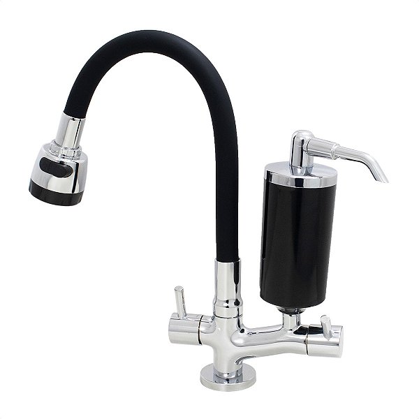 Torneira de Cozinha de Mesa Preto Com Filtro Blindado Preto Cone Gourmet Bica de Inox Flexível
