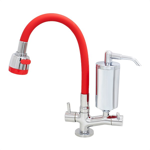 Torneira de Cozinha de Mesa Vermelho Com Filtro Blindado Cromado Cone Gourmet Bica de Inox Flexível