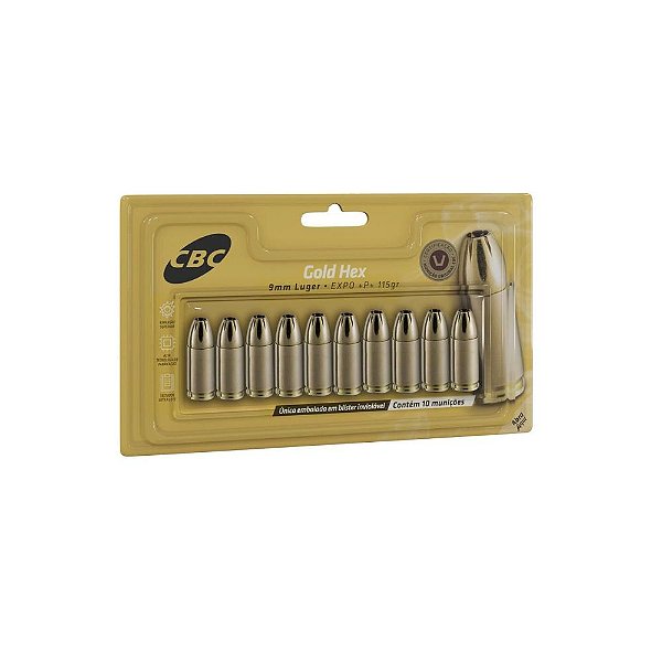 Municao 9mm CBC EXPO +P+ 115gr GoldHex Blister - UN