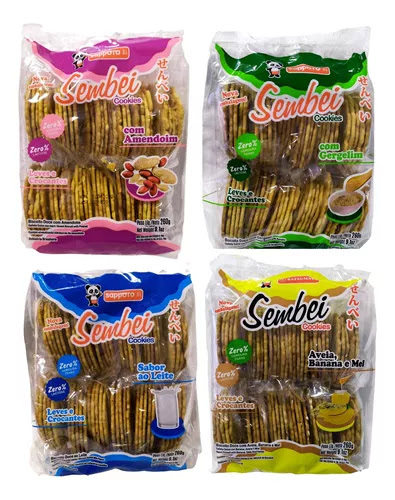 Kit Sembei Cookies – 4 Sabores (Amendoim, Leite, Aveia Banana e Mel e Gergelim)