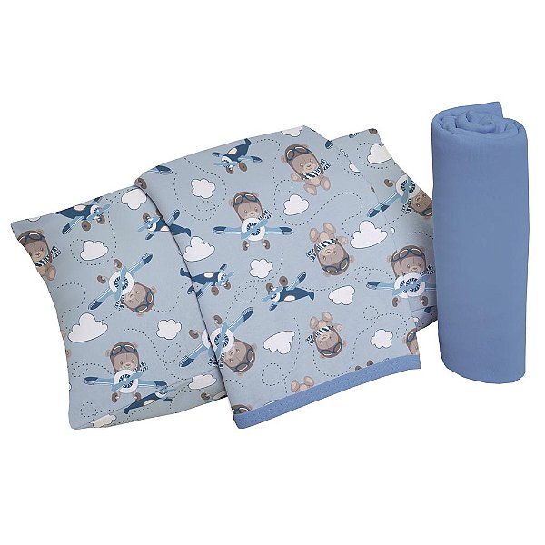 Jogo de Cama Berço 3pçs Malha 100% Algodão - Avião