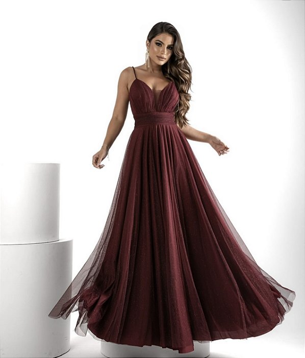 Vestido Longo Marsala em Tule com Alças Finas