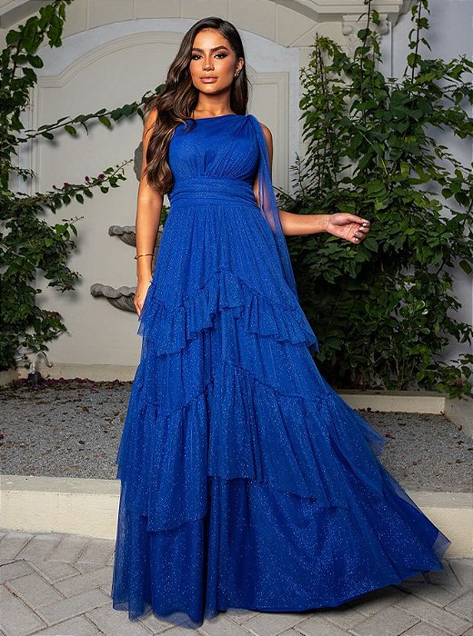 Vestido Longo Azul Royal com Camadas e Brilho