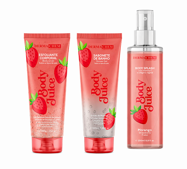 Kit Body Juice Morango (Esfoliante + Sabonete + Body Splash) – Dermachem