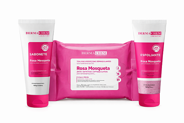 Kit Rosa Mosqueta Dermachem Completo – Limpeza, Esfoliação e Demaquilante para Pele Sensível