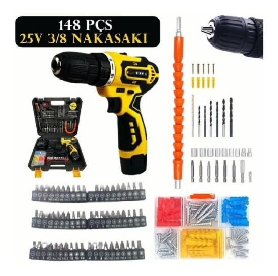 Parafusadeira Furadeira 25v 2 Baterias 148 Pçs Promoção
