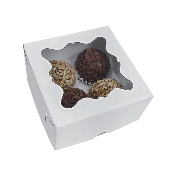 Caixa para 4 doces (Dia dos Namorados)- Branca- Com visor- 10 Unid.