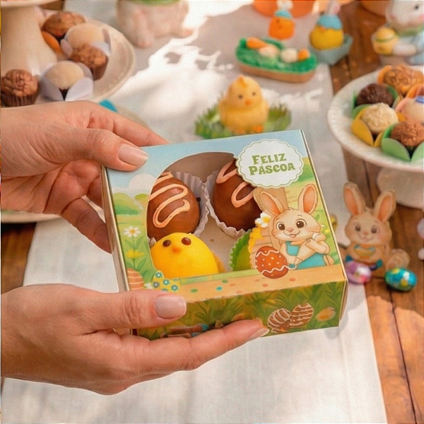 Caixa para 4 Doces com Visor- Caça aos Ovos - 10 Unid.