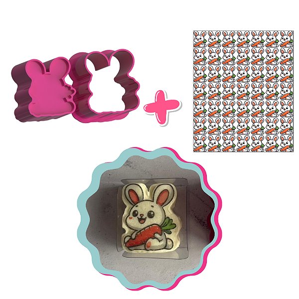 Coelho com Cenoura e Apliques de Papel de Arroz Páscoa - Ejetor Modelador para Brigadeiros