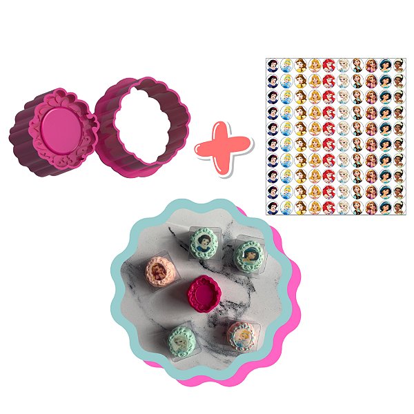 Espelho Moldura e Apliques de Papel de Arroz com todas as Princesas - Ejetor Modelador para Brigadeiro