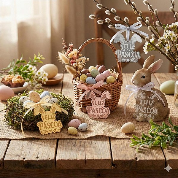 Tag Acrílica Decorativa | Feliz Páscoa Orelinhas - 5x5cm