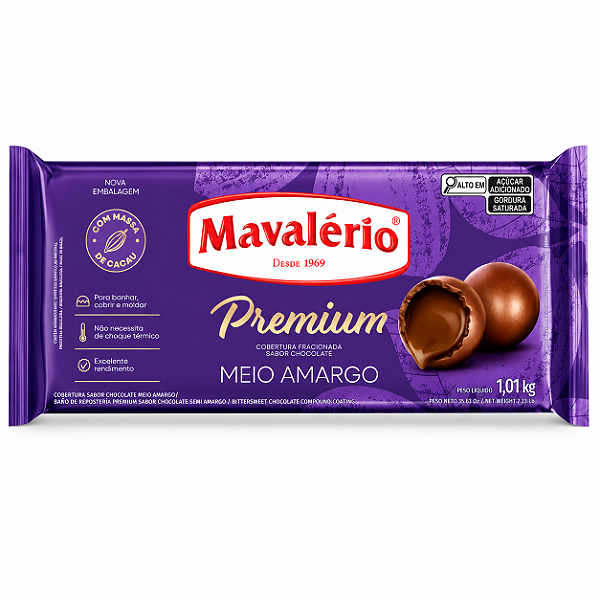 COBERTURA PREMIUM BARRA SABOR CHOCOLATE MEIO AMARGO MAVALÉRIO - 1,01kg